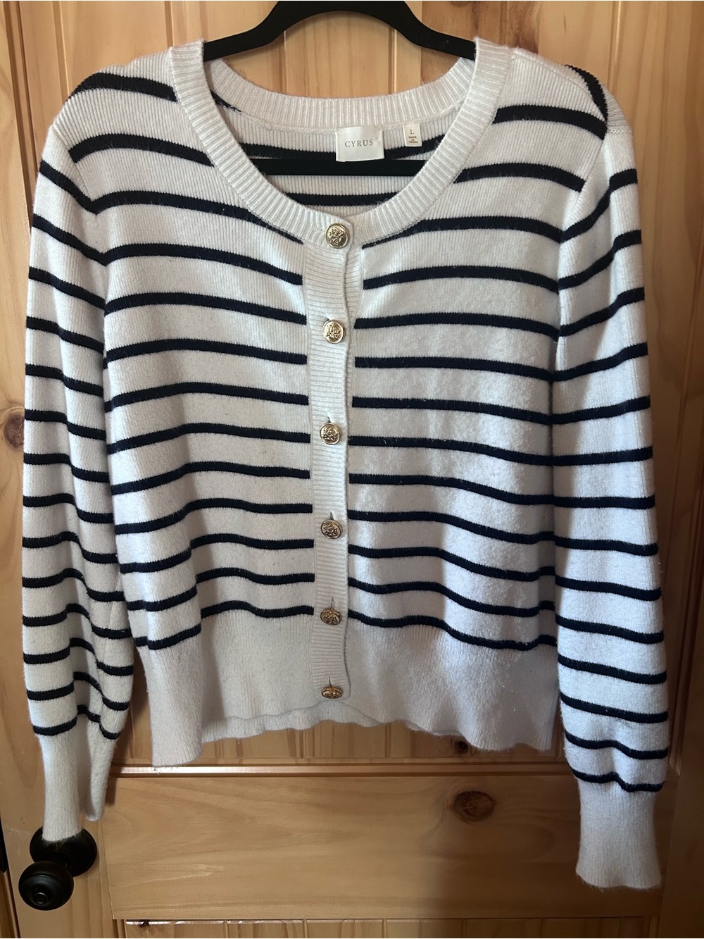 Cyrus White and Navy Striped Button-Front Cardigan
